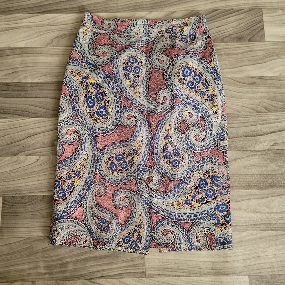 J Crew Paisley Colorful Pink Blue Number 2 Pencil Skirt Size 0